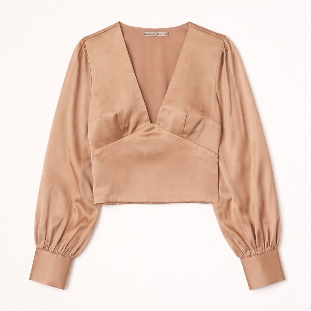 ABERCROMBIE Long Sleeve Satin Puff Sleeve Light Brown Deep V Cropped Blouse XS